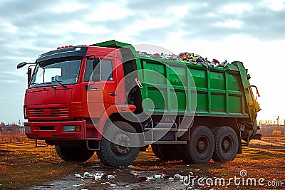 Garbage trucks at work, emptying waste containers for proper disposal Stock Photo