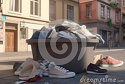 Garbage in urban city overflow the garbage dumpster can making pollution with clothes dumped in junk and trash. Neural Stock Photo