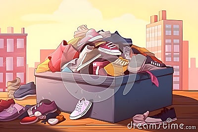 Garbage in urban city overflow the garbage dumpster can making pollution with clothes dumped in junk and trash. Neural Stock Photo