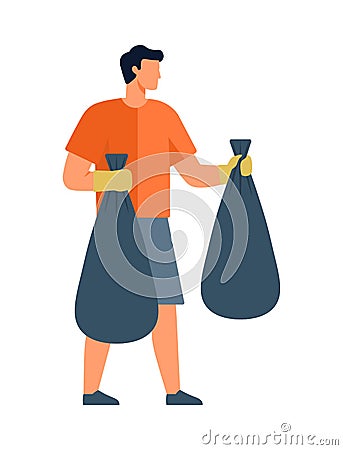 Garbage. Utilizing eco-friendly practices helps reduce accumulation waste. Man collecting trash in a bag Vector Illustration