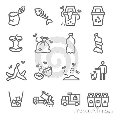 Garbage Vector Line Icon Set. Contains such Icons as Banana Peel, Fishbone, Eggshell, Trash and more. Expanded Stroke Vector Illustration