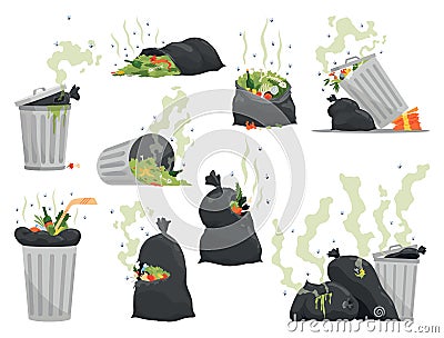 Garbage or waste icons. Metal and plastic garbage containers with unsorted trash. Rubbish bags that smells ugly and Vector Illustration