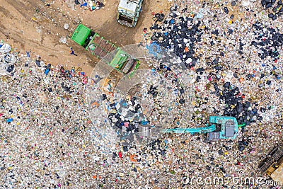 Garbage or waste Mountain or landfill, Aerial view garbage trucks unload garbage to a landfill. Plastic pollution crisis Stock Photo