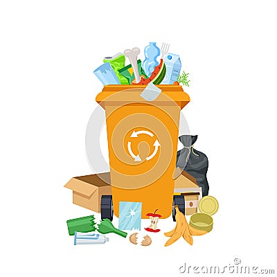 Garbage waste. Overflowing trash can, dirty rubbish bin. Recyclable mixed junk container. Different litter and dustbin Vector Illustration