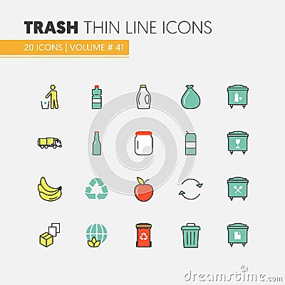 Garbage Waste Recycling Linear Thin Line Icons Set with Trashcans Vector Illustration