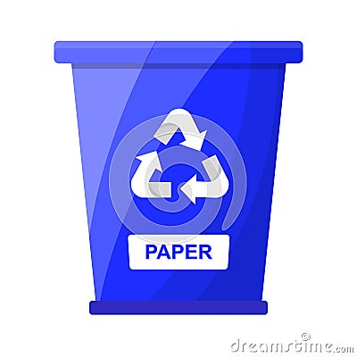 Garbage Waste Sorting Paper Recycle Bin Blue Color Flat Vector Illustration White Background Vector Illustration