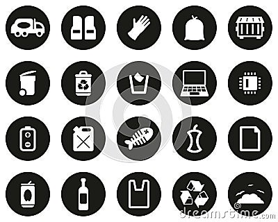 Garbageman Icons White On Black Flat Design Circle Set Big Vector Illustration