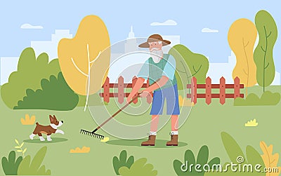 Garden autumn work, cartoon old gardener working with gardening tool rake to remove leaves Vector Illustration