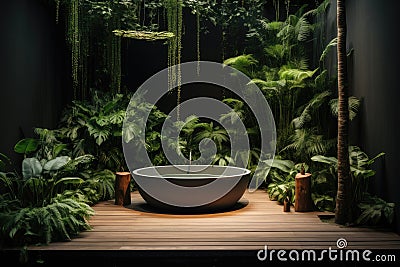 garden background with a flowerfilled bathtub and tall plant, in the style of minimalist stage designs Stock Photo