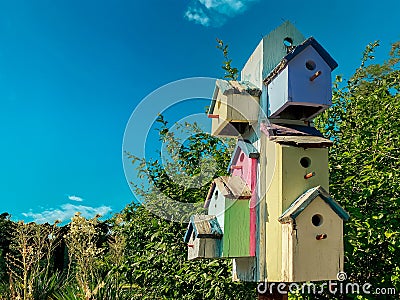 Garden bird house colorful houses bird house shelter birds beach seaside backyard Stock Photo