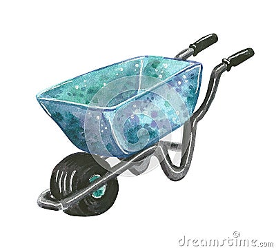 Garden blue metallic wheelbarrow, hand drawn watercolor illustration Cartoon Illustration