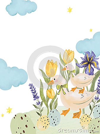 Garden botanical tulip Festival Family Duck cute egg hunts watercolor illustration Cartoon Illustration