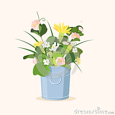 Garden bucket with flowers on beige background. Spring or summer gardening card. Flat vector botany illustration Vector Illustration