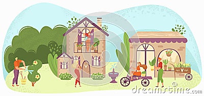 Garden care people gardening, growing and caring for plants and flowers near houses, gardeners flat vector illustration. Vector Illustration