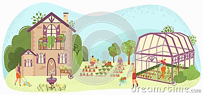 Garden care people gardening near country house, caring for plants in plant-house and vegetables gardeners flat vector Vector Illustration