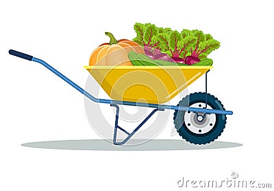 Garden cart with beetroot, pumpkin, cucumber. Vector Illustration