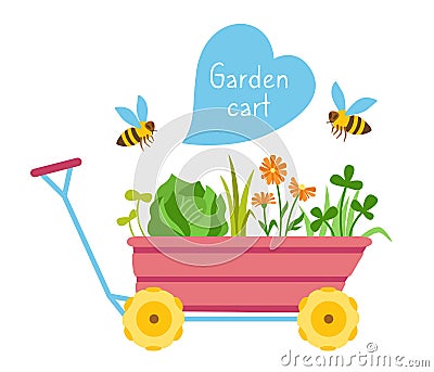 Garden cart cartoon bee wheelbarrow tool vector Vector Illustration