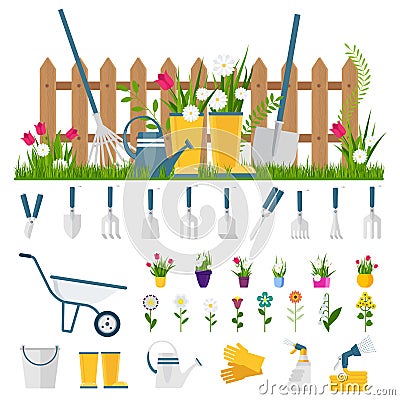 Garden cart with flower pots Vector Illustration