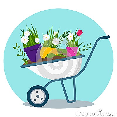 Garden cart with flower pots Vector Illustration