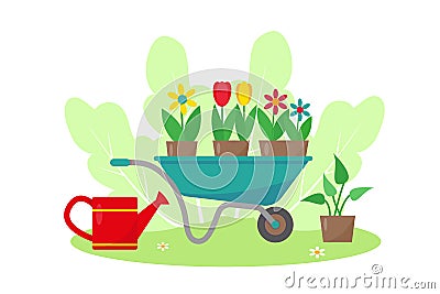 Garden cart with flowers and watering can. Vector Illustration