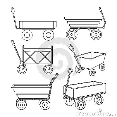 Garden cart icon simple silhouette. Garden work, trolley, and wheelbarrow set Vector Illustration