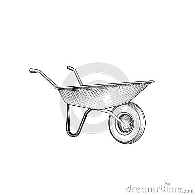 Garden cart. Wheelbarrow engraving. Gardening sign Stock Photo