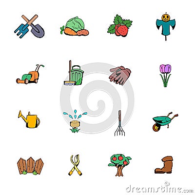 Garden comics icons set cartoon Vector Illustration