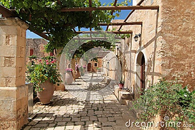 Garden Courtyard with flowers in ceramic pots Stock Photo