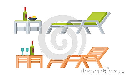 Garden Deck Chair and Small Table with Wine Bottle and Fruit Vector Set Stock Photo