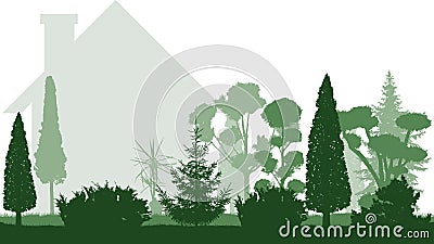 Garden decorative trees silhouettes. Shrubs, bonsai, thuja, spruce, etc. near the house. Vector illustration Vector Illustration