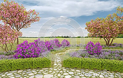Garden design with flowering trees and bushes and stone path 3d rendering Stock Photo