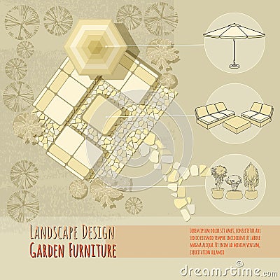 Garden design. Lounge chairs, umbrella. Top view. Vector Illustration