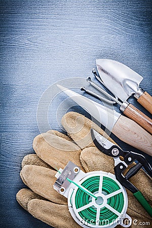 Garden dibber fork spade secateurs wire glove Stock Photo