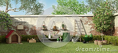 Garden with dog house and gardening tools Stock Photo