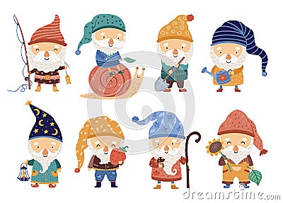 Garden dwarfs. Cartoon gnome, tiny forest elf. Cute fairy tale characters, funny magic men elves. Leprechaun with Vector Illustration