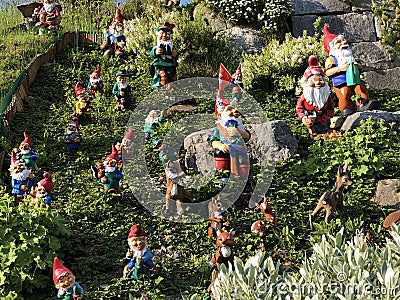 Garden dwarves in the valley of Wagital or Waegital and by the alpine Lake Wagitalersee Waegitalersee, Innerthal Stock Photo