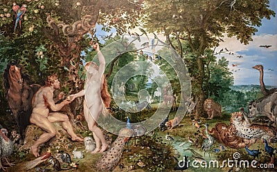 The garden of eden with the fall of man, painting by Jan Brueghel the Elder and Peter Paul Rubens Editorial Stock Photo