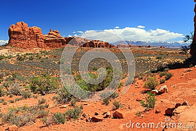 Garden of Eden, Windows Section and LaSal Mountains from Balanced Rock, Arches National Park, Utah, USA Stock Photo