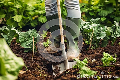 Garden engraving - detail of gardeners legs in wellies and spade in dirt among vegetables Stock Photo