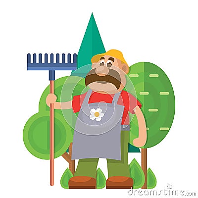 Garden equipment flat vector gardener character with rake illustration agriculture farming man with tools. Vector Illustration