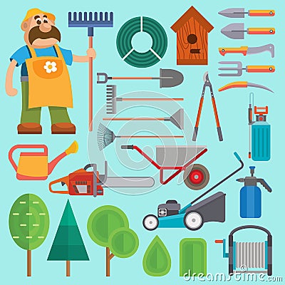 Garden equipment and gardener vector farmer flat set character with beard and rake illustration. Set of agriculture Vector Illustration