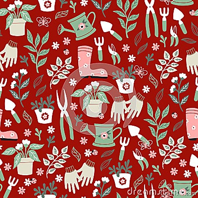 Gardening Seamless Pattern with Flowerpot, Garden Gloves and Secateurs and etc. Vector Illustration