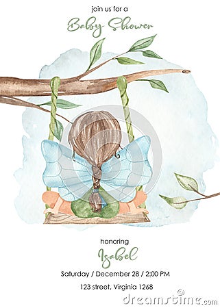 Watercolor baby shower Garden fairies with a fairy on a swing on a tree Stock Photo