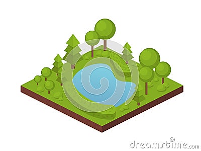 Garden farm land with trees, plants, private pond with water. Vector Illustration