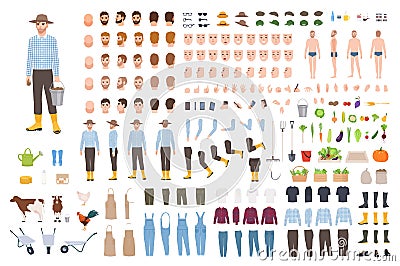 Garden or farm worker creation set or constructor kit. Bundle of male character body parts, clothes, emotions, working Vector Illustration