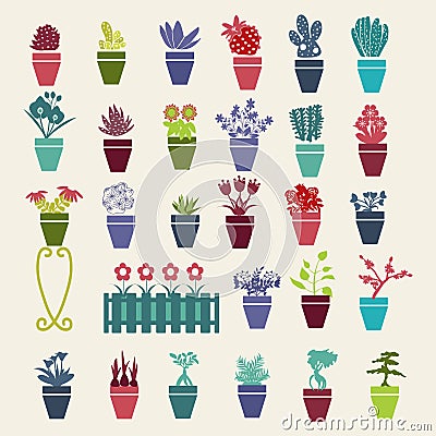 Garden flowers and herbs pot plants icons set Vector Illustration