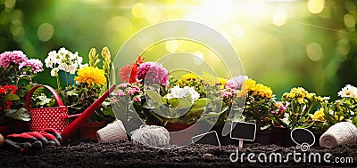 Garden Flowers and Plants on a Sunny Background. Gardening Concept Stock Photo