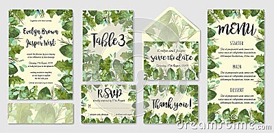 Garden foliage watercolor wedding invitation set, envelope, table number, menu. Leaves of roses, gerberas and eucalyptus, wax flo Vector Illustration