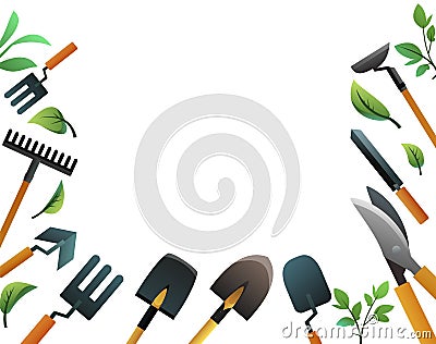 Garden frame. Tools for working in the garden. Crop farmer. Shovels rakes and hoes. Fruit branches and leaves Vector Illustration