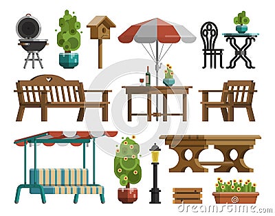 Garden furniture, tables, chairs, decorative trees Vector Illustration